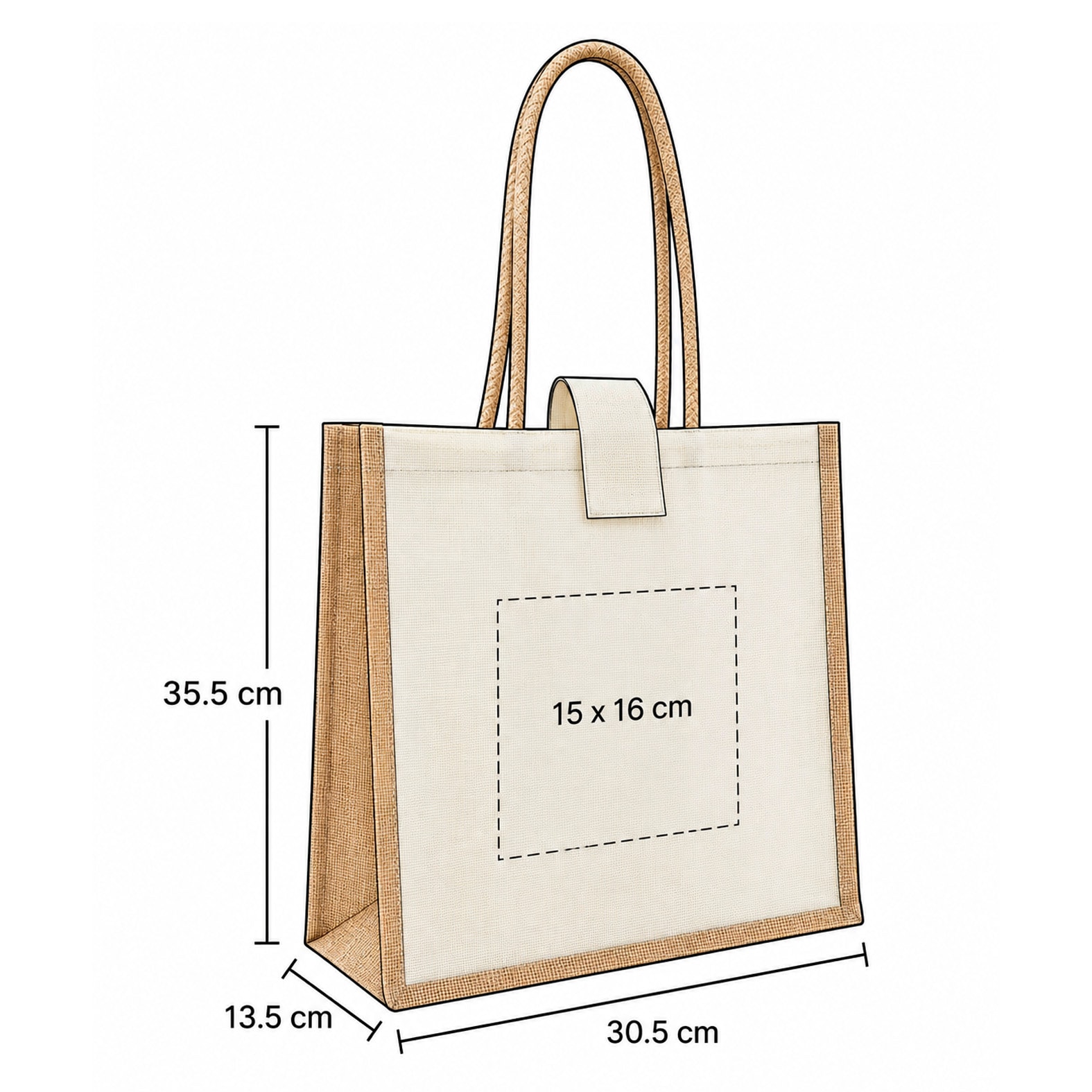 Plantilla con medidas y área de impresión de Bolsa de Loneta Galore