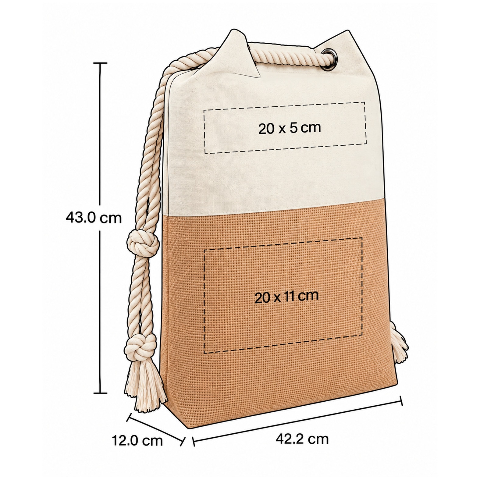 Plantilla con medidas y área de impresión de Bolsa Kanya