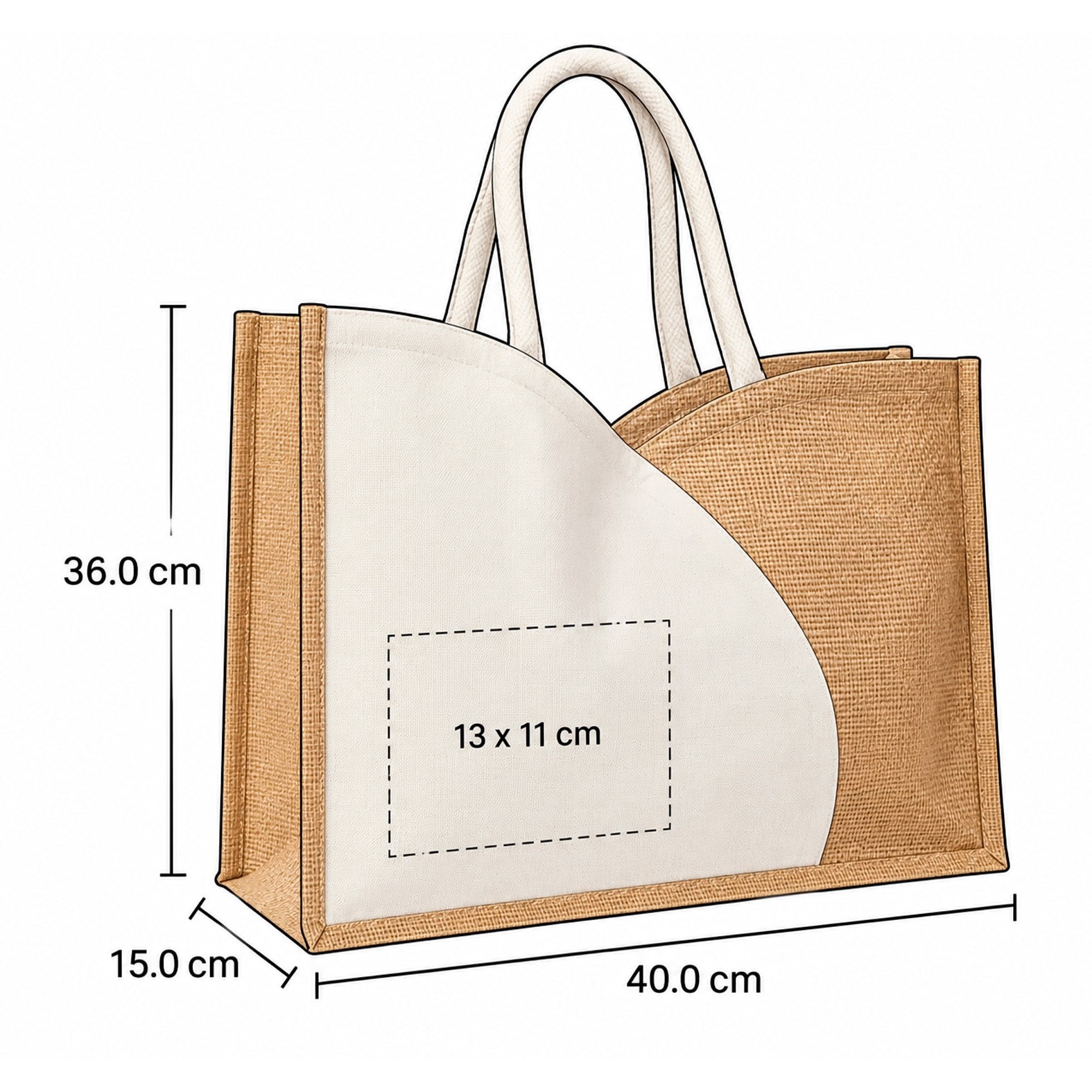 Plantilla con medidas y área de impresión de Bolsa Anse