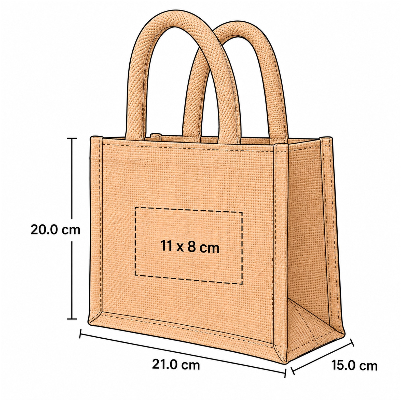 Plantilla con medidas y área de impresión de Bolsa Atzompa