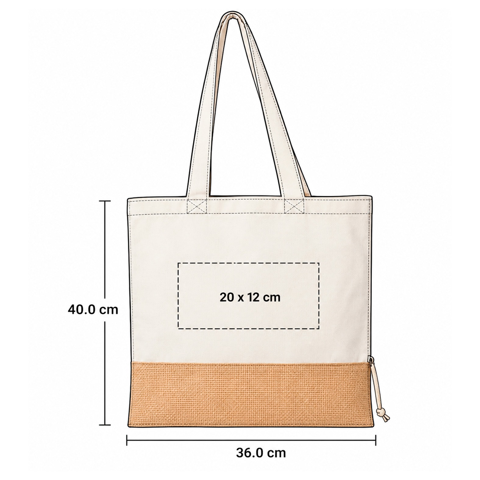 Plantilla con medidas y área de impresión de Bolsa Mancora