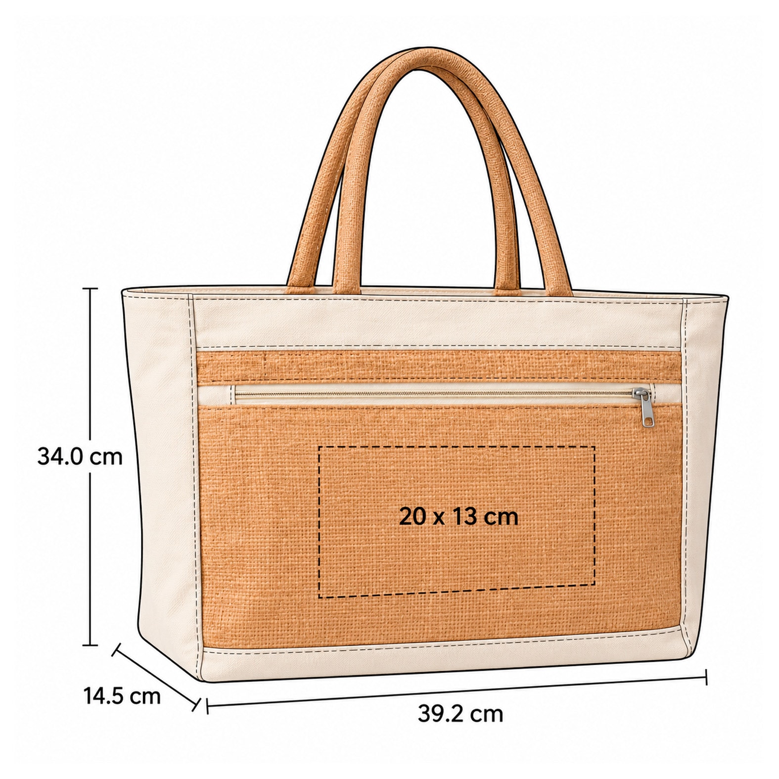 Plantilla con medidas y área de impresión de Bolsa Filburt