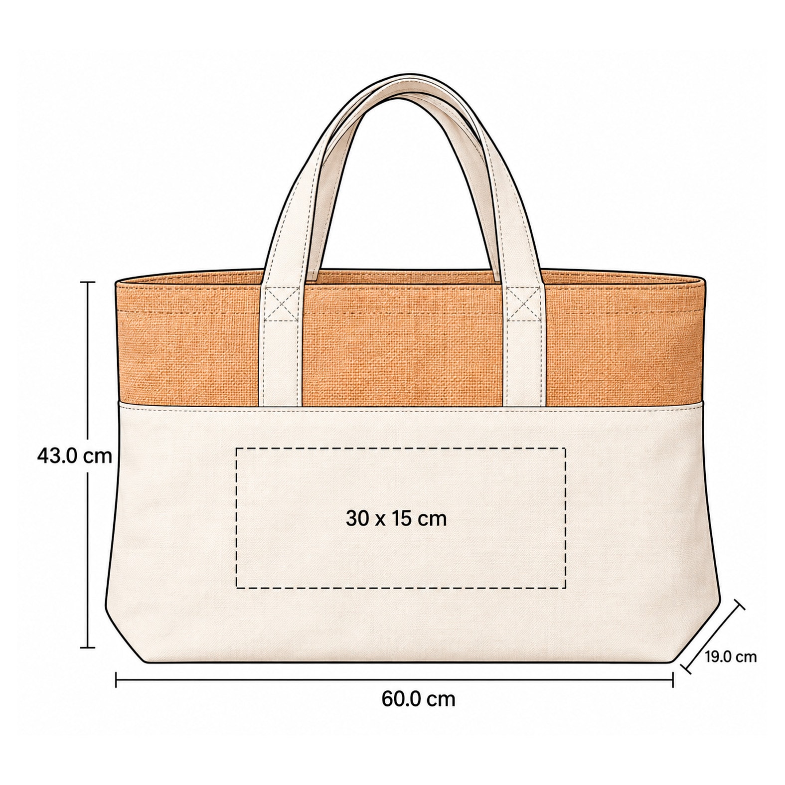 Plantilla con medidas y área de impresión de Bolsa Totoro