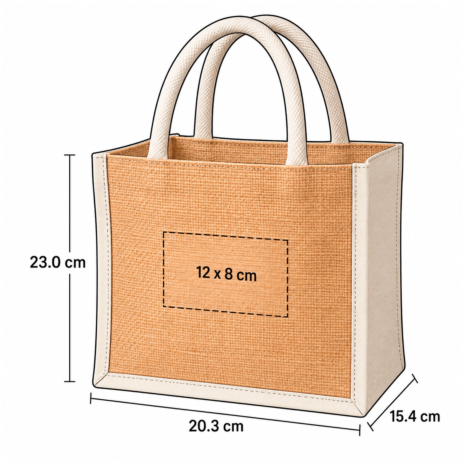 Plantilla con medidas y área de impresión de Bolsa Moss