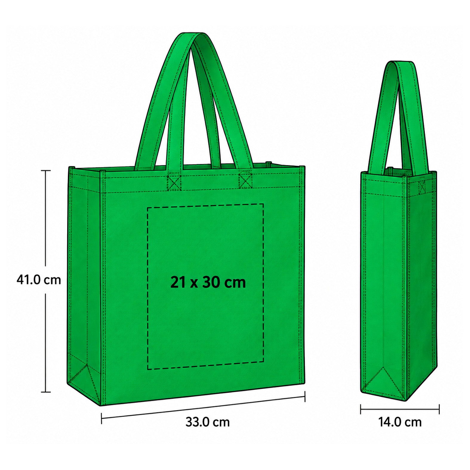 Plantilla con medidas y área de impresión de Bolsa Atlantis