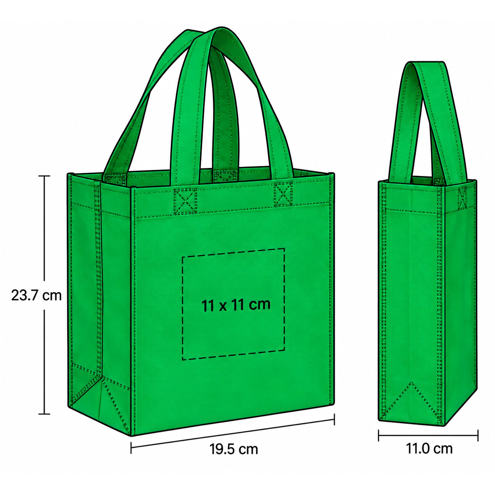 Plantilla con medidas y área de impresión de Mini Bolsa Forest
