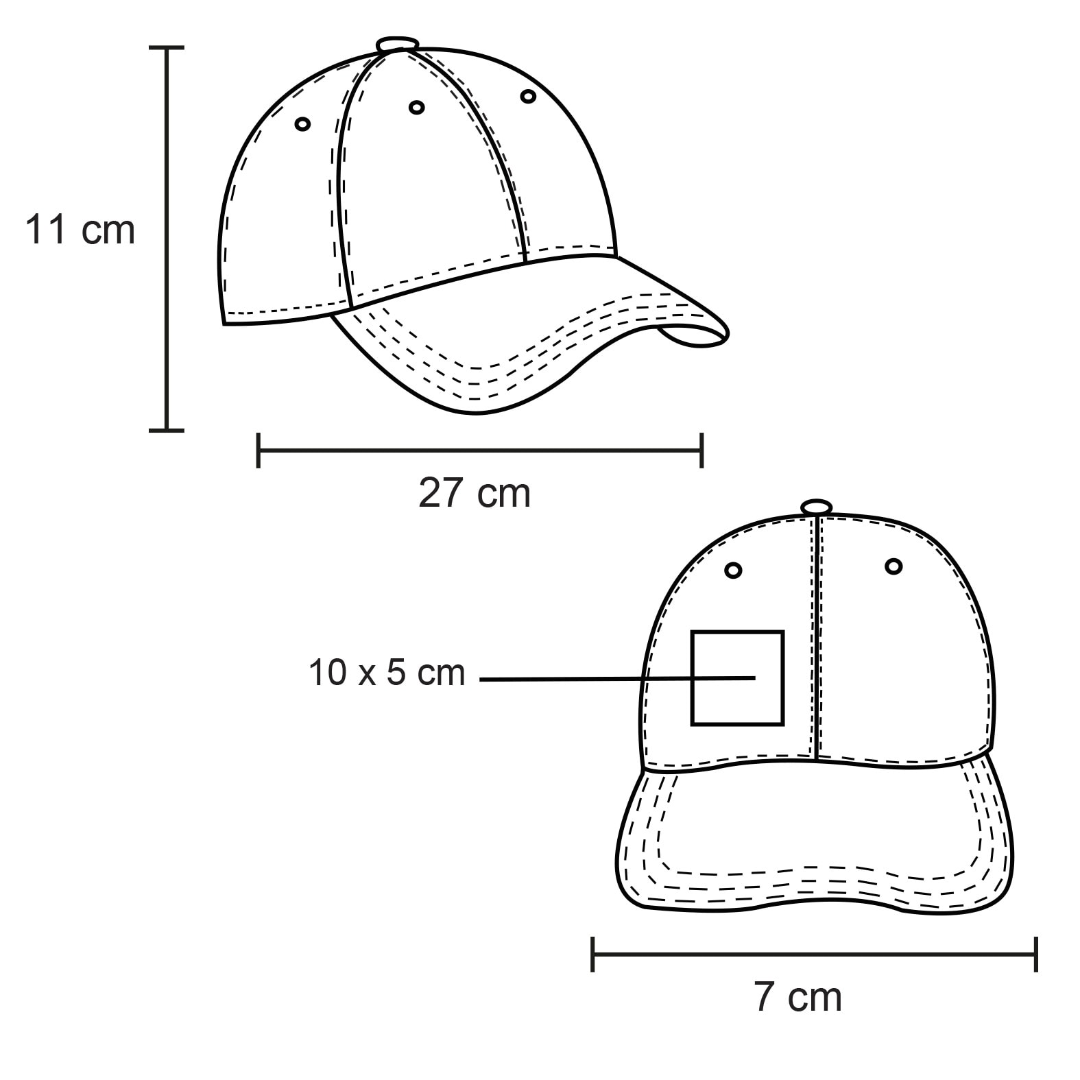 Plantilla con medidas y área de impresión de Gorras Flyn