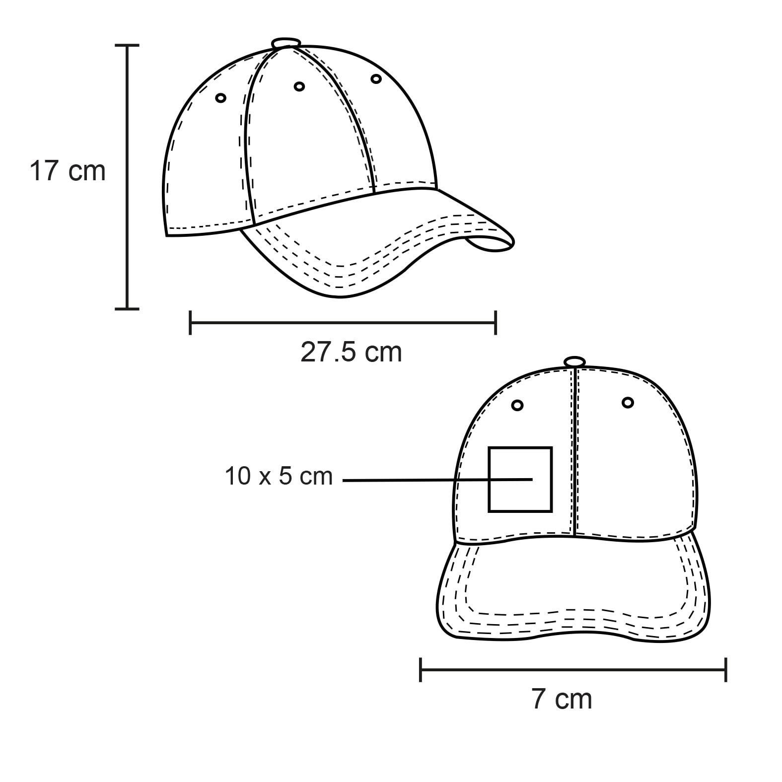 Plantilla con medidas y área de impresión de Gorra Pine