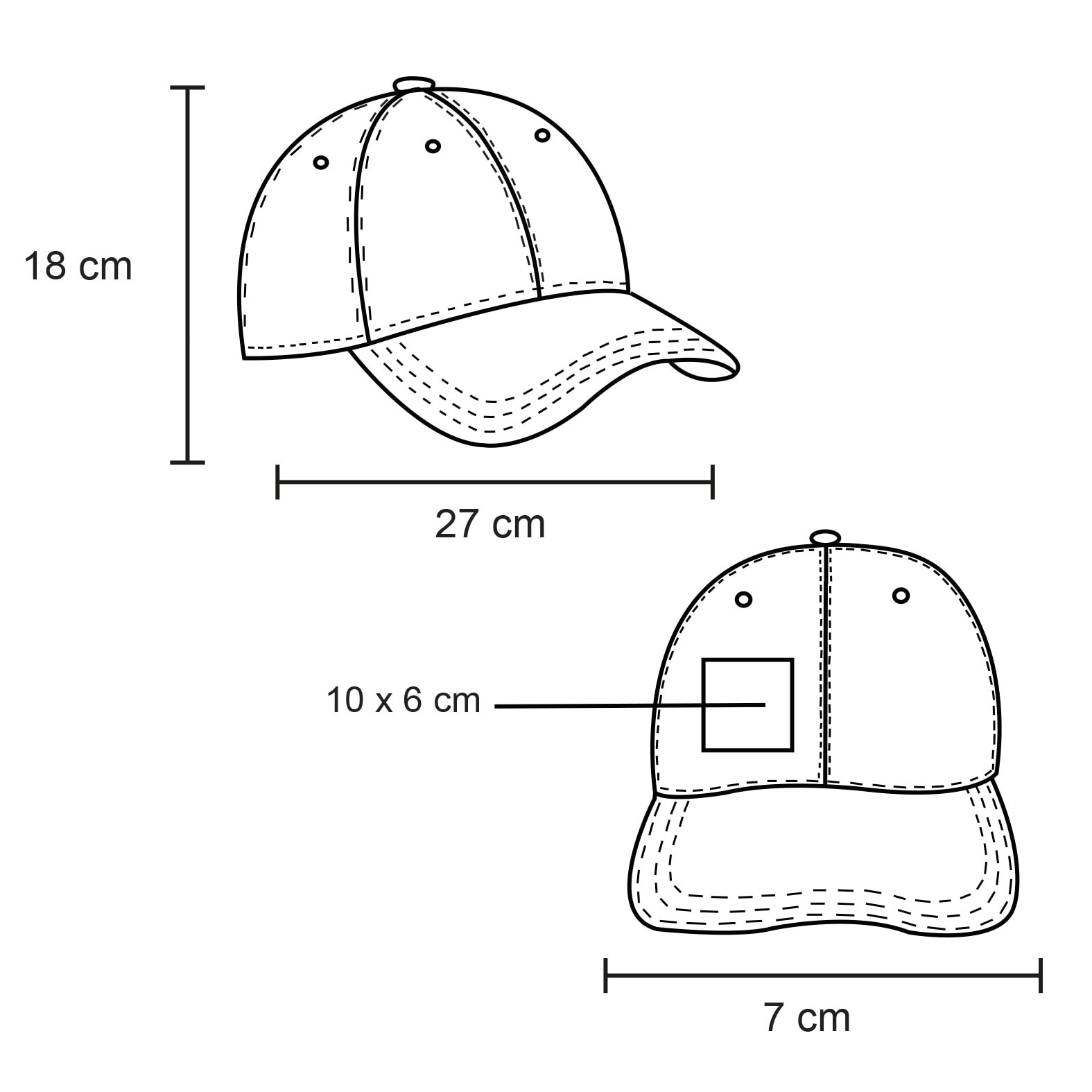 Plantilla con medidas y área de impresión de Gorra Gus