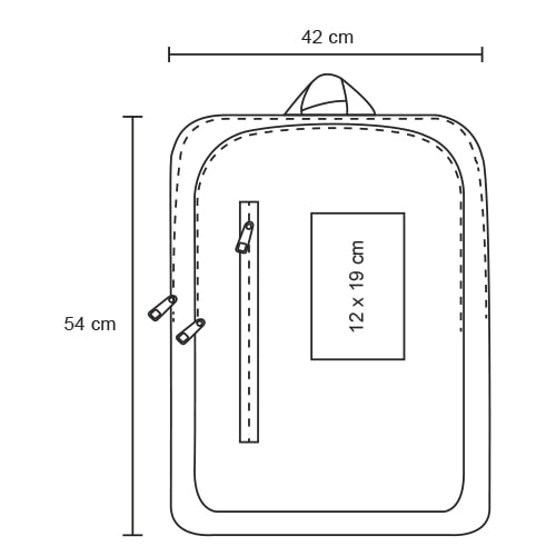 Plantilla con medidas y área de impresión de Mochila Zambia