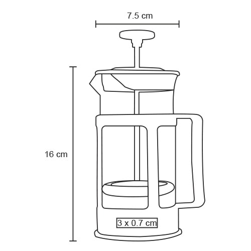 Plantilla con medidas y área de impresión de Cafetera de Cristal Valery