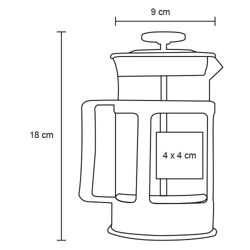Plantilla con medidas y área de impresión de Cafetera de Cristal French